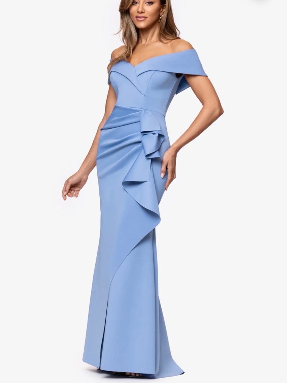 Xscape Off-Shoulder Light Blue Evening Gown Mother of Bride Groom Dress SZ 14